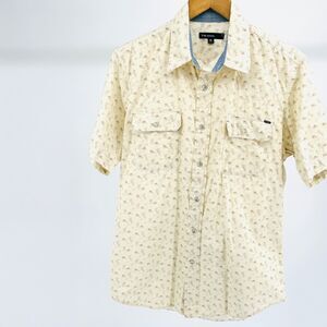 Tin Haul Beige Cream Pearl Snap Short Sleeve Button Down with Tree Cowboy Print